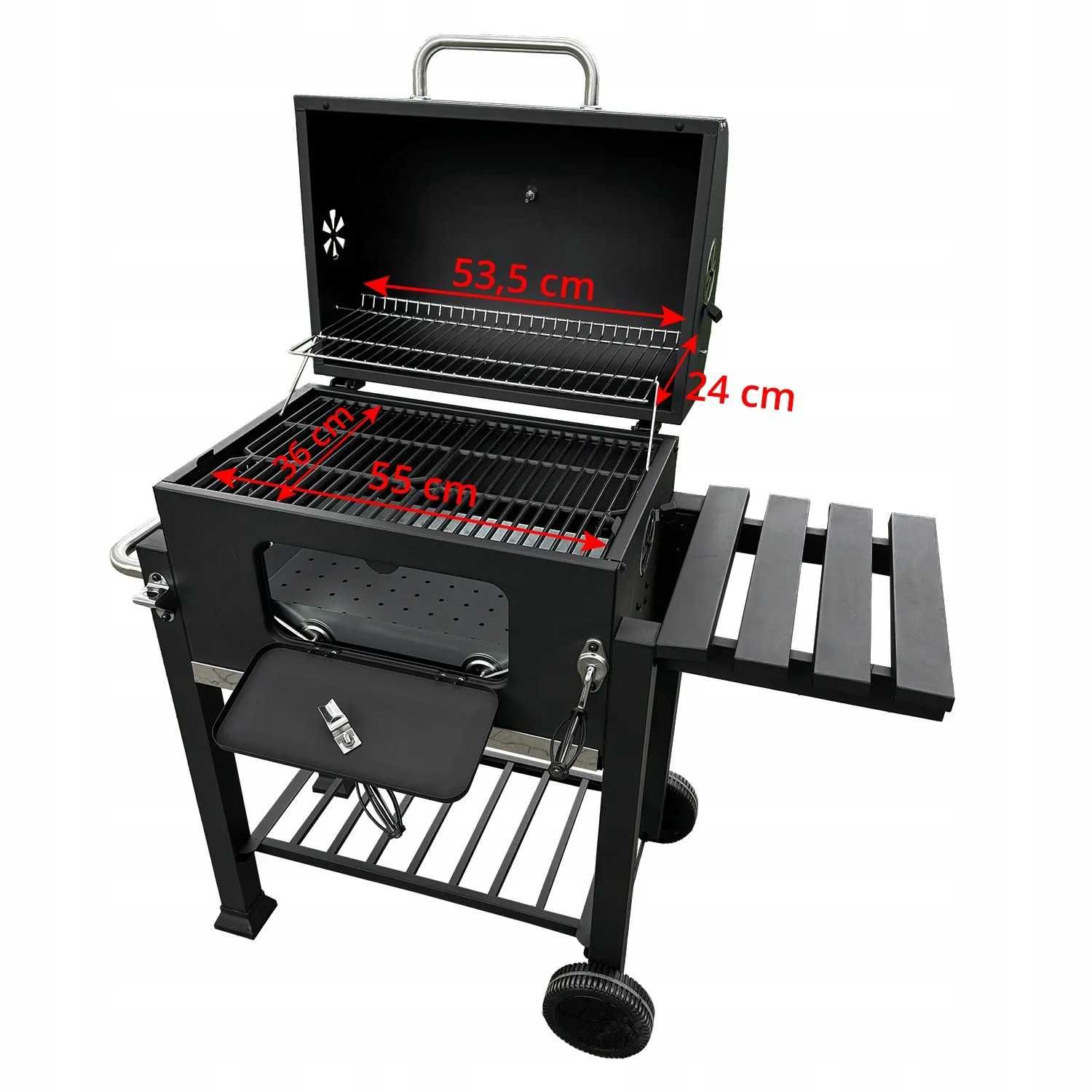 Duży grill węglowy żeliwny ruszt solidny trwały kółka półki termometr