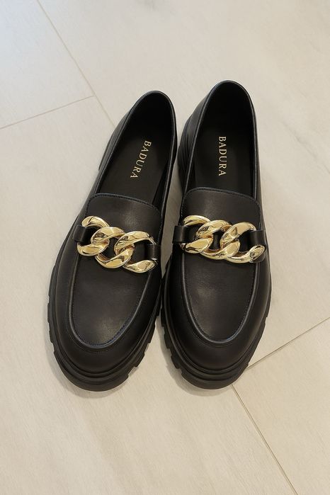 Czolenka skórzane buty mokasyny loafersy czarne 24,3cm rozmiar 37