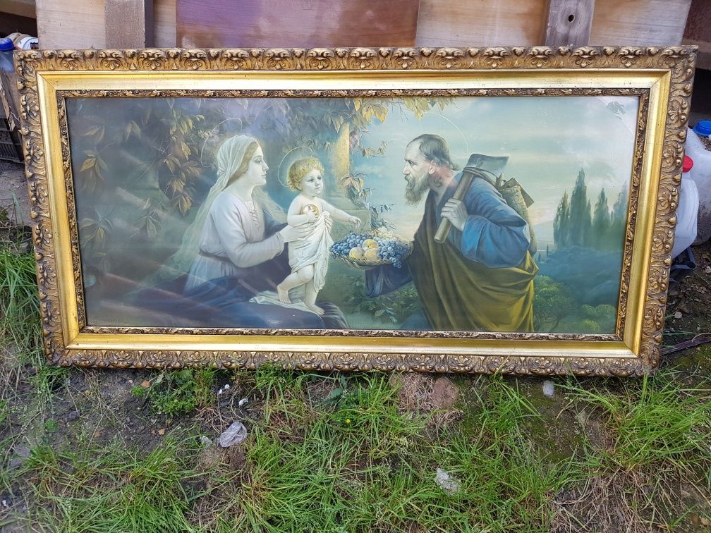 Piękny Stary Duży Obraz w Złotej Drewnianej Ramie Giovanni Vintage Art