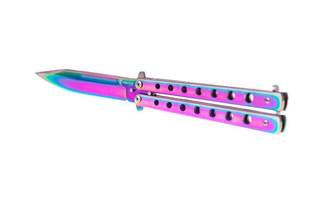 FOXTER® Nóż motylek tęczowy nóż motylkowy rainbow ostry 22,5cm