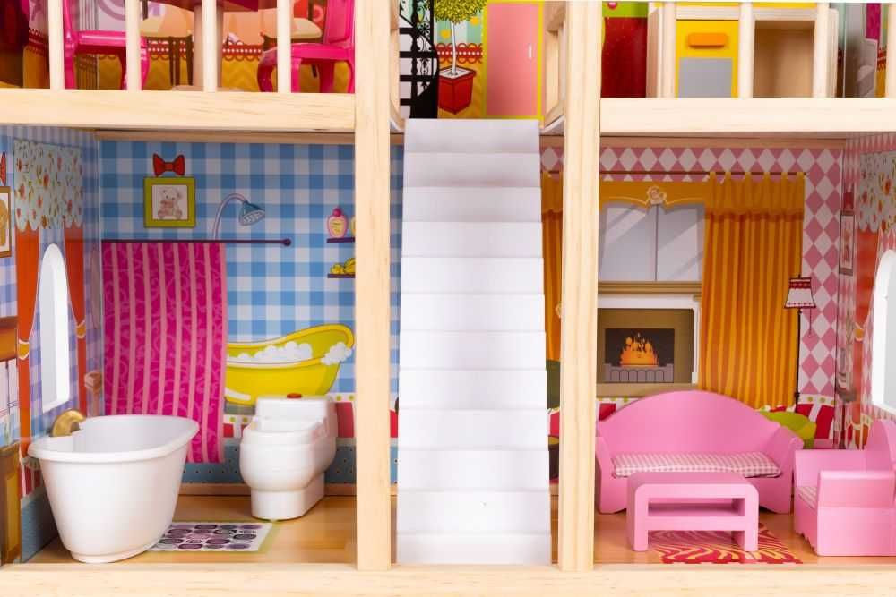 Drewniany domek dla lalek mebelki 3 piętra
