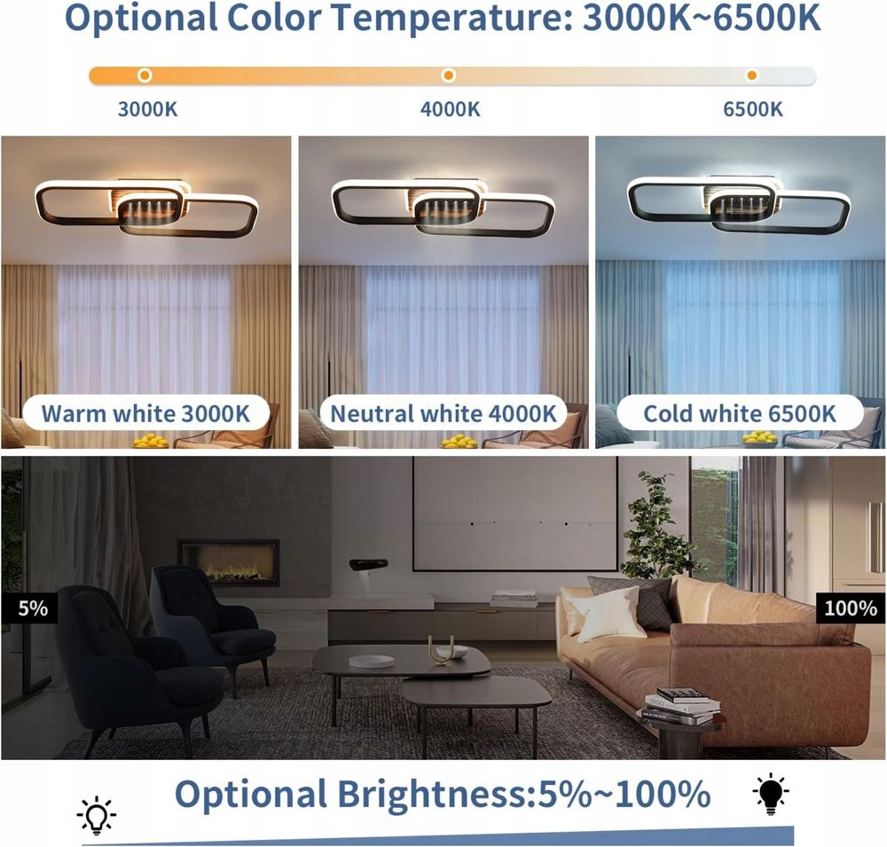 Lampa sufitowa LED 52W z możliwością ściemniania 3000K-6500K, 60 cm