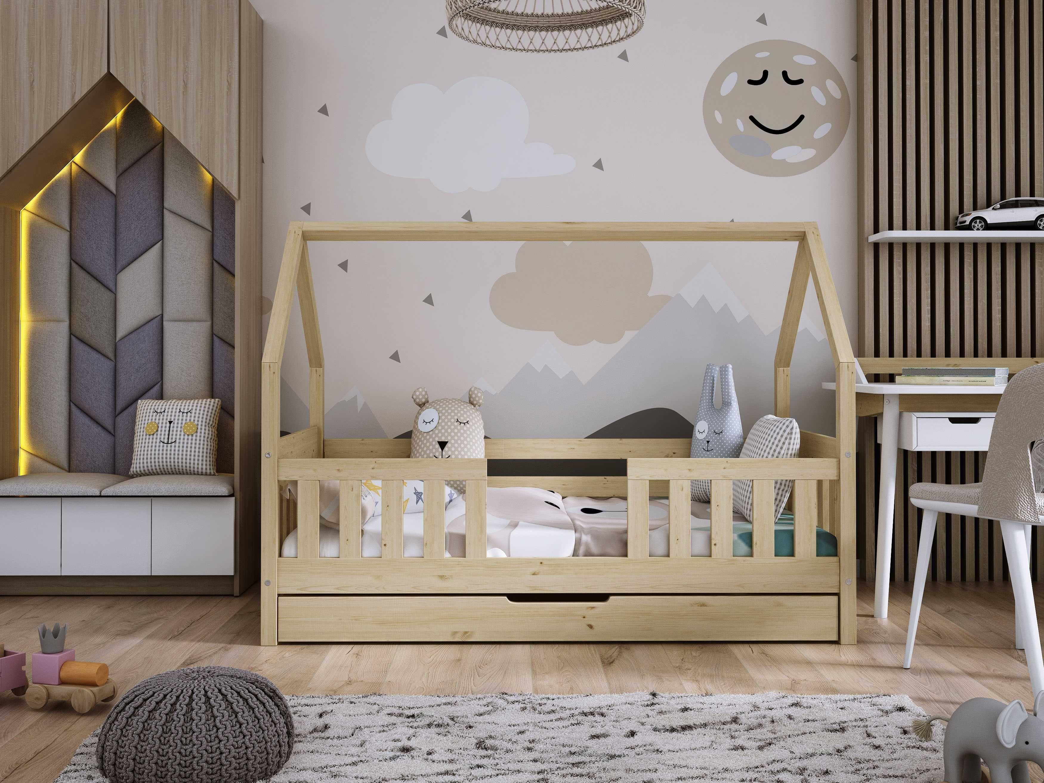 Drewniane łóżko domek DYZIO w stylu skandynawskim + materac