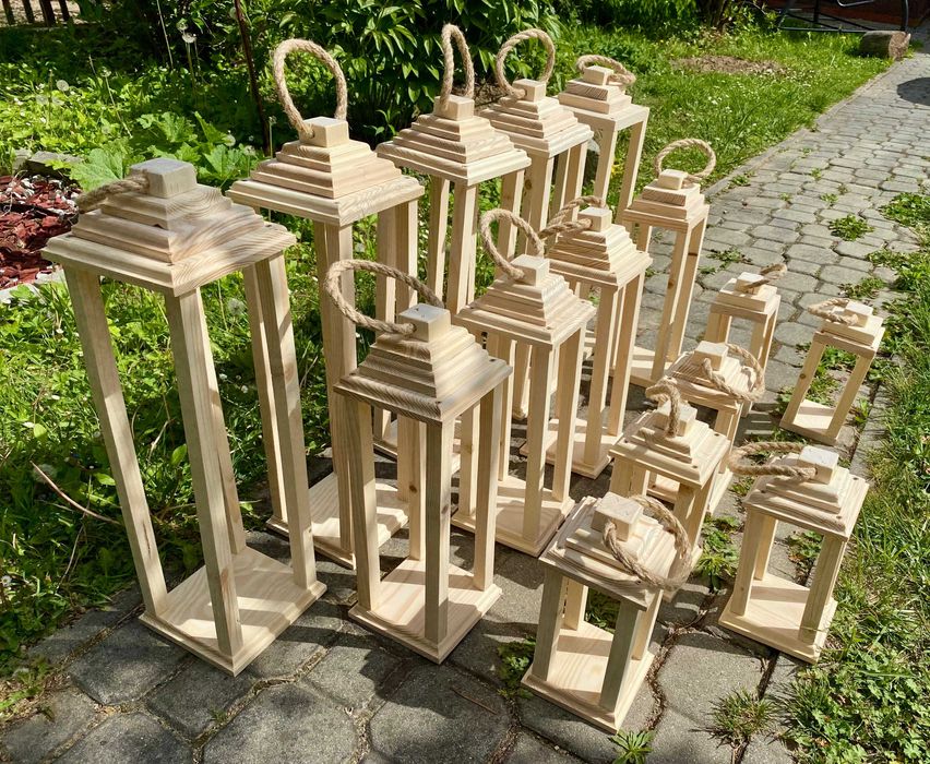 Lampion drewniany ozdobny ZESTAW 3 wielkości Ślub Prezent Ogród