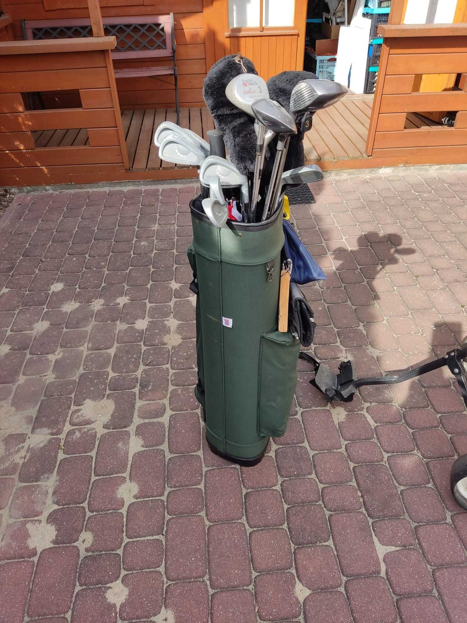 Kompletny zestaw kijów golfowych, z torbą golfową i wózkiem golfowym