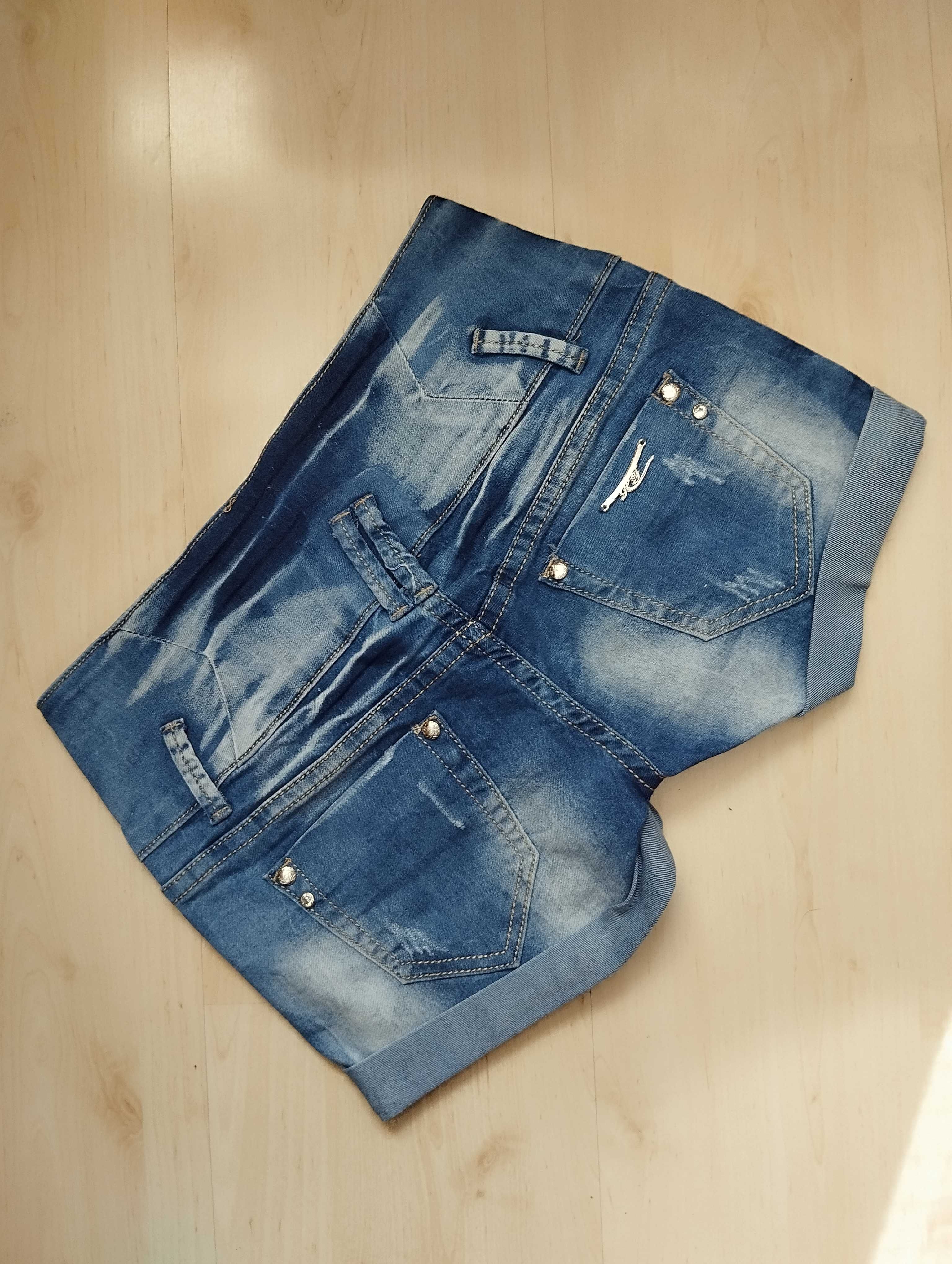 niebieskie szorty jeansowe cyrkonie XS guziki elastyczne vintage y2k