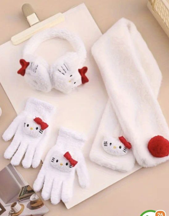 Conjunto em pelúcia de cachecol + luvas + auscultadores