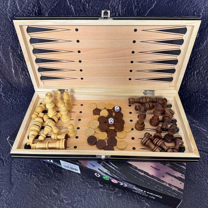 Комплект шахматы, шашки, нарды 3 в 1 с магнитом 7704 (доска 39x39 см)