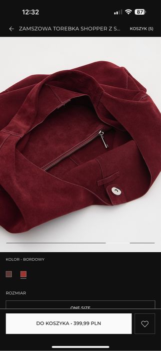 Torba shoperka zamszowa bordowa reserved nowa