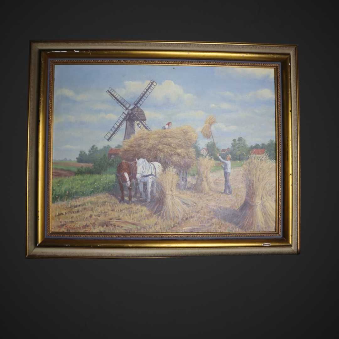 Obraz olejny  scena żniw z wiatrakiem, sygnowany b51/072652