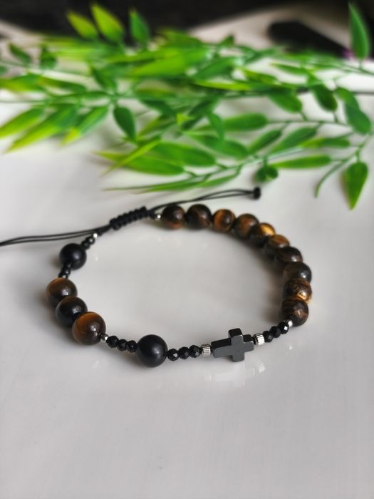 Różaniec męski na rękę - tygrysie oko, hematyt, spinel, black stone