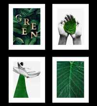 Komplet 4 Plakatów, Szaro-zielona Kompozycja, Green