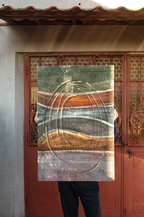 duży abstrakcyjny obraz malowany na płótnie sygnowany