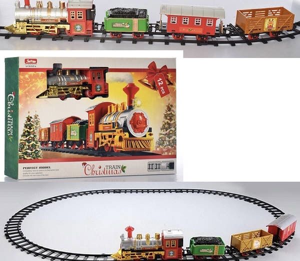 Дитяча різдвяна залізниця поїзд що світиться та гуде святкова іграшка