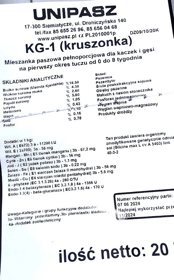 Pasza KG–1 dla kaczek gęsi 1 dnia do 8 tyg. kruszonka 20kg UNIPASZ