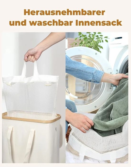 Kosz na pranie bieliznę yamagahome 140l duży beż bambusowa ramka