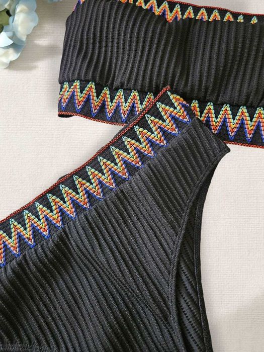 Женский купальник с вышивкой в рубчик топ и высокие плавки SHEIN, L/XL