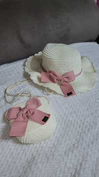 Zestaw dla dziewczynki kapelusz + torebka kremowa pudrowy róż 2-6 lat