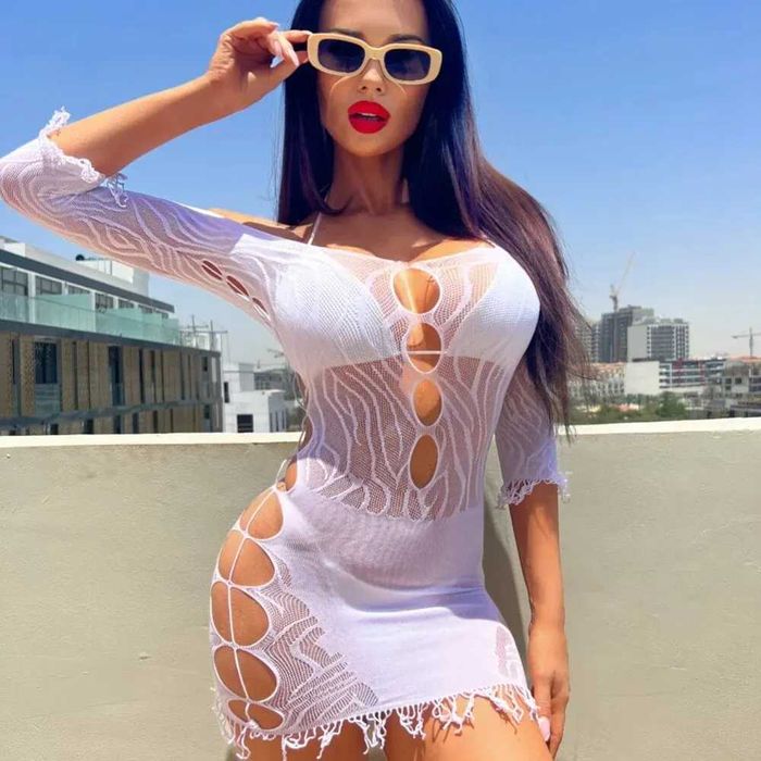 Sexy kabaretki bez Bikini sukienka Bodycon z długim rękawem biały