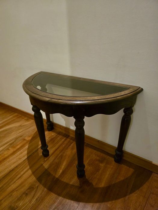 Mesa de Apoio Meia-Lua em Madeira Maciça e Vidro (Baixa)