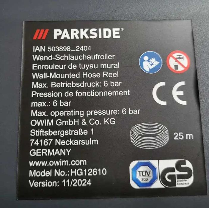Автоматична садова котушка Parkside зі шлангом 25 метрів Німеччина