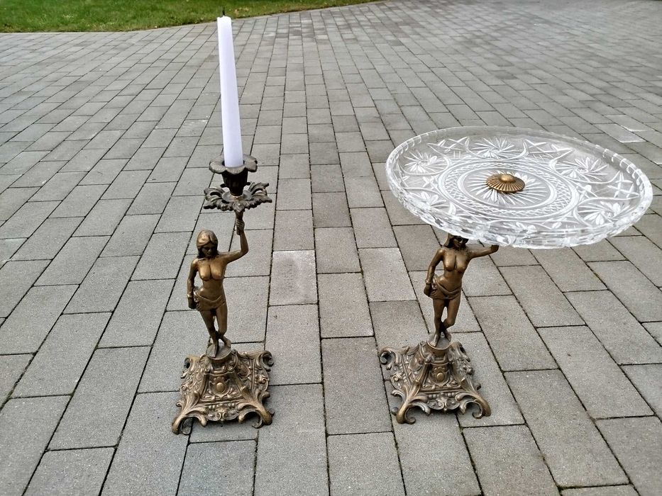Figurki mosiądz świecznik patera kryształ