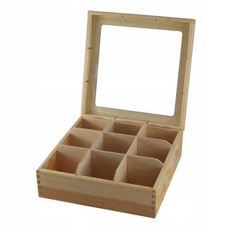 Drewniane pudełko z 9 przegrodami i szklaną pokrywą