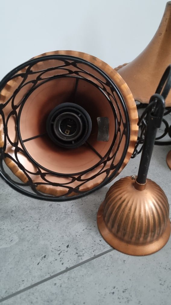 Kinket na ściane  i 2 wiszace lampy vintage miedź, stal, drewno dębowe