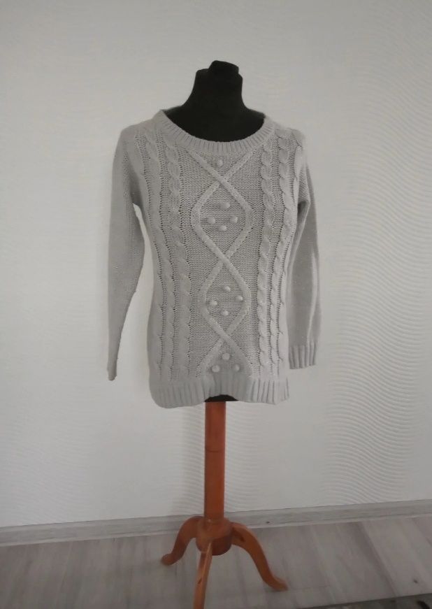 Reserved szary srebrny sweter z warkoczami L 42 44