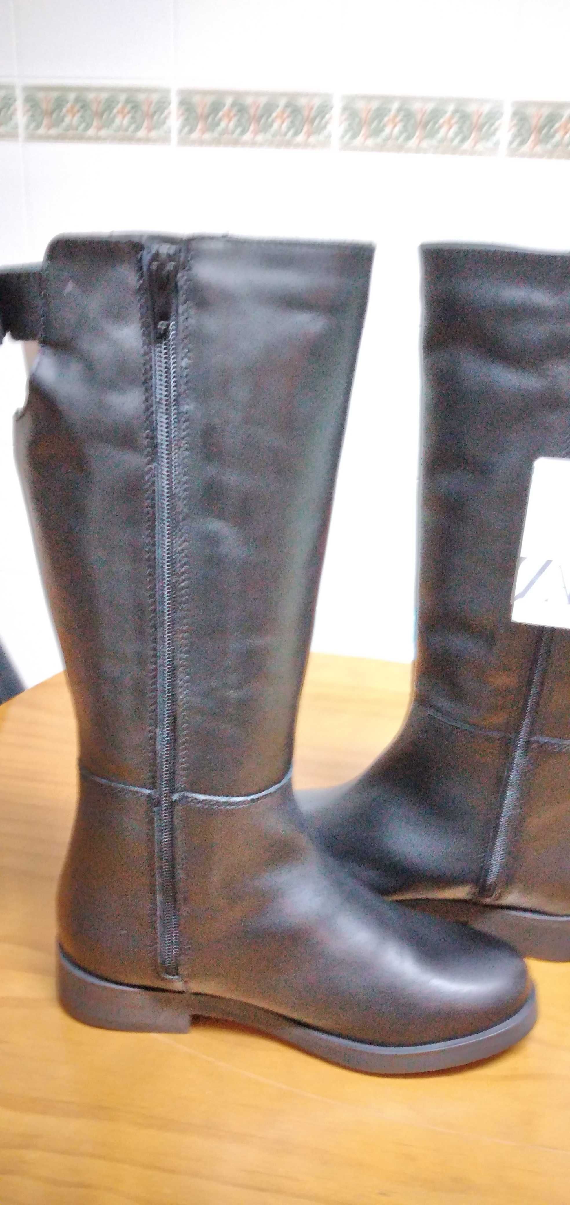 BAIXA PREÇO-Botas altas, em 100% pele, pretas, Zara, 36-NOVAS