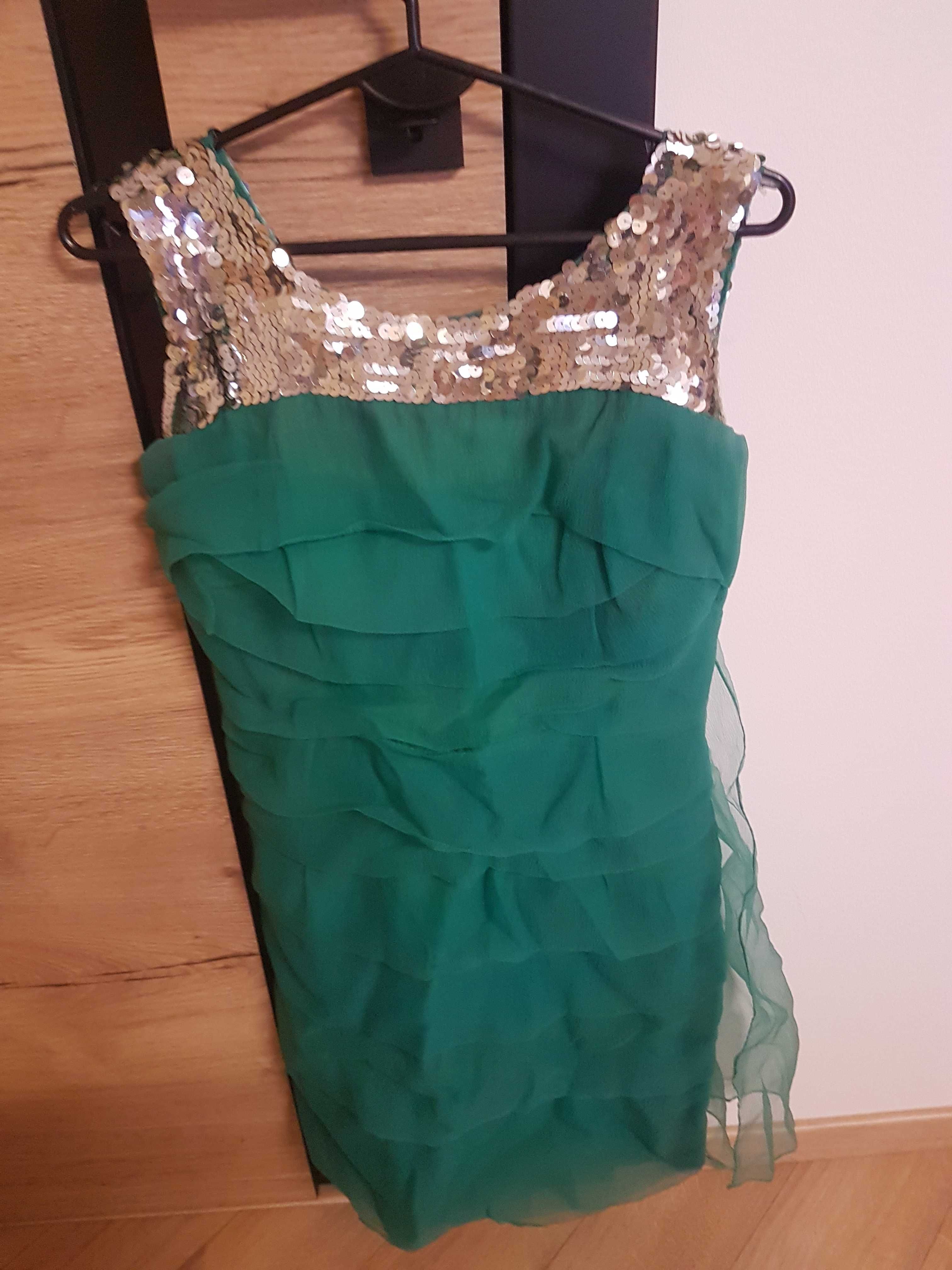 Sukienka zielona wieczorowa tiulowa srebrne cekiny sylwester 36-38