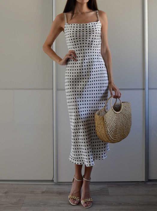 Zara biała satynowa sukienka slip kropki polka dot old money 36 S