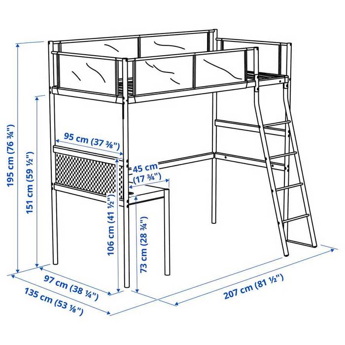 Cama alta IKEA "VITVAL" com módulo de secretária instalado