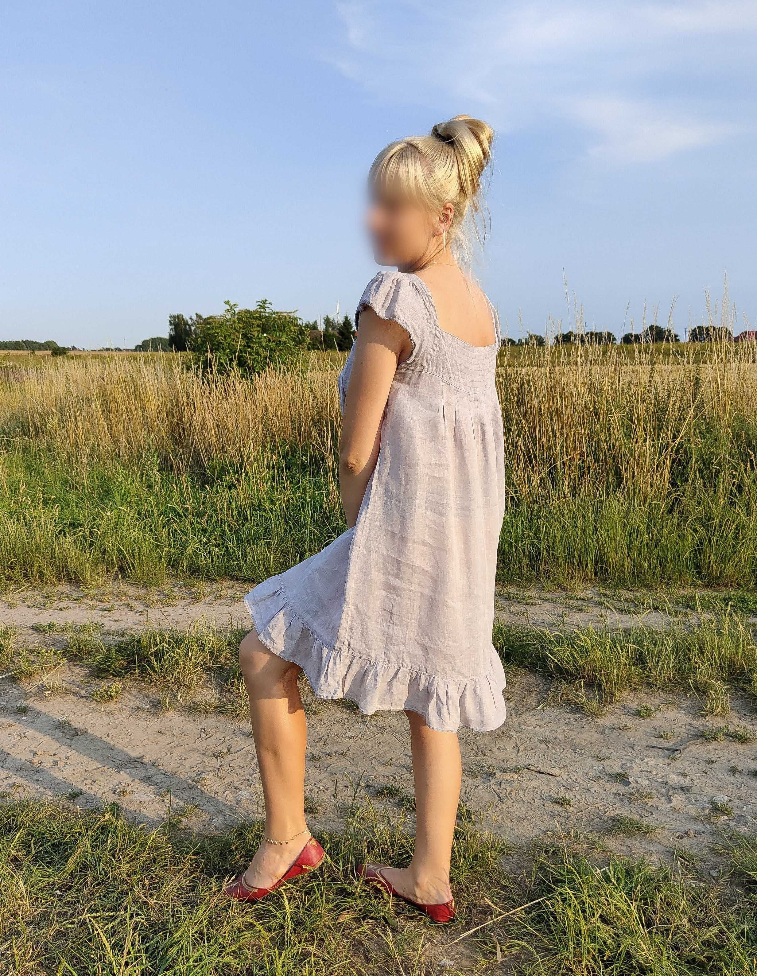 Lniana sukienka Deeday 38 M len szara naturalna baby doll na lato mini