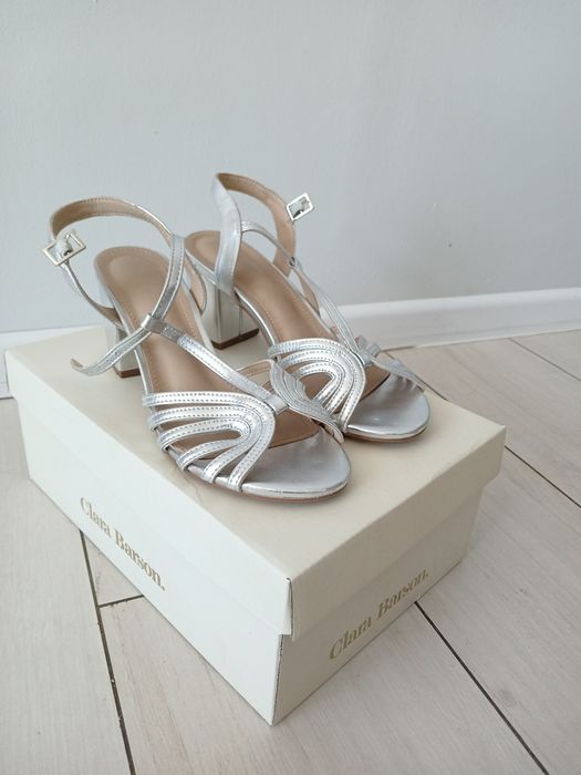 Buty srebrne na obcasie słupku sandały wesele półmetek bal studniówka