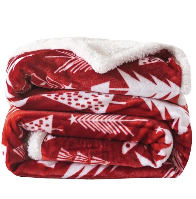 Gruby koc świąteczny z baranem 160x200 Cotton Wolrd choinki