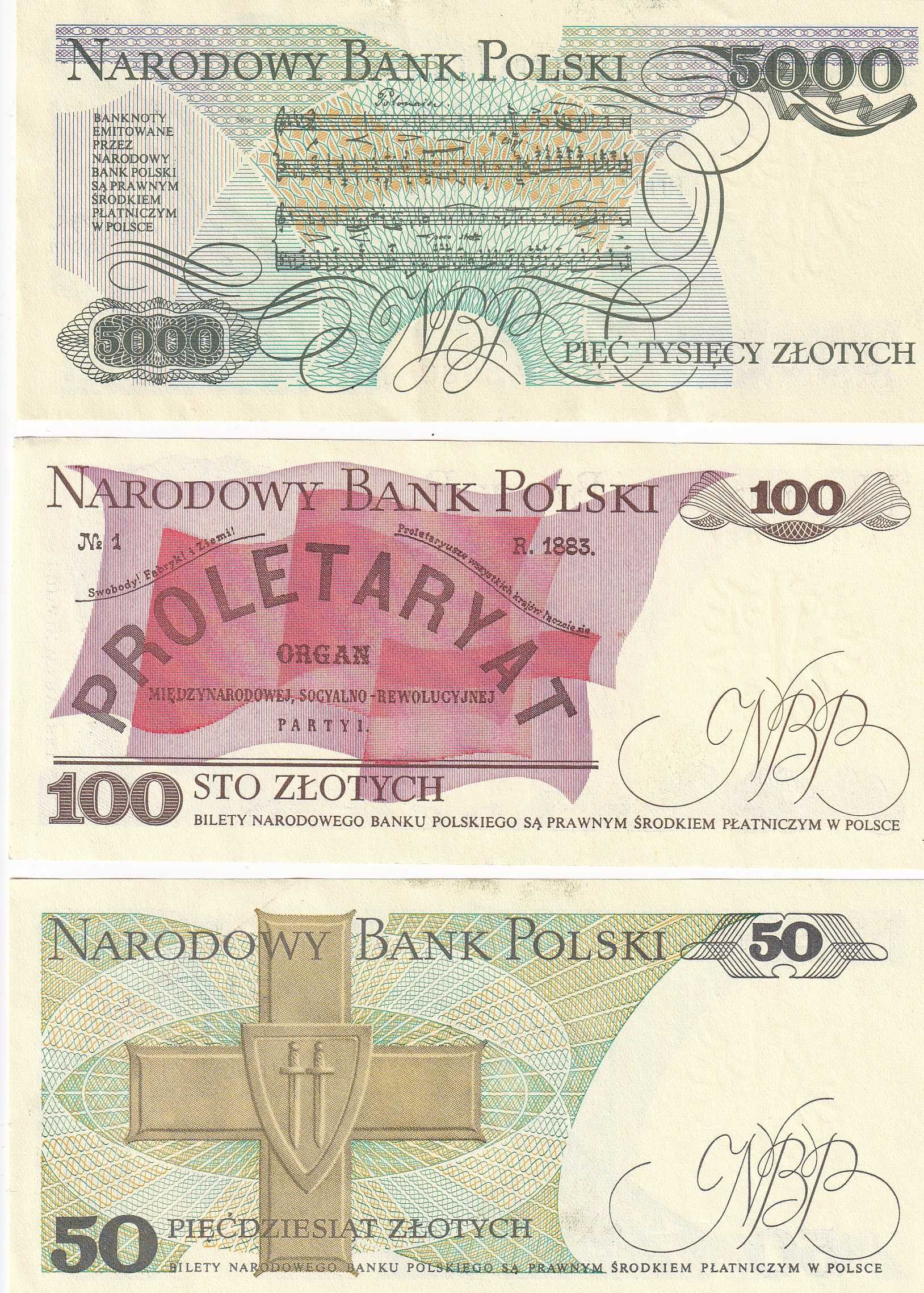 3 Banknoty 5000 zł, 100 zł i 50 zł  1988r./1986 Chopin. Bardzo ładne