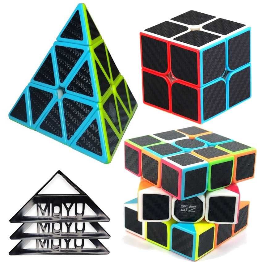 Kostki 2x2x2 3x3x3 Pyraminx Włókno węglowe Carbon rubika + 3 podstawki