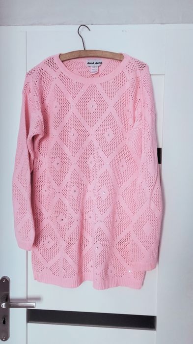 Sweter różowy, damski, Plus Size, diamenciki, bawełna, David David