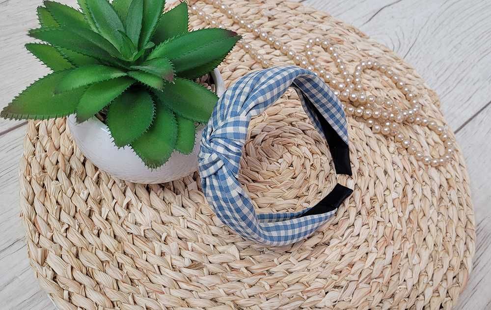 NOWA opaska damska w kratę supeł węzeł elastyczna szeroka NIEBIESKA