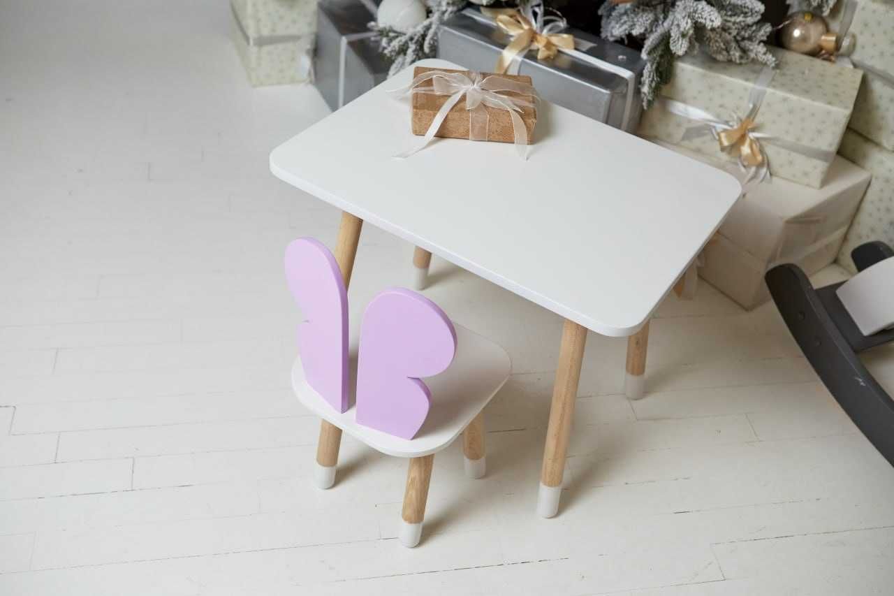 Білий столик, стільчик дитячий фіолетовий метелик з білим сидінням