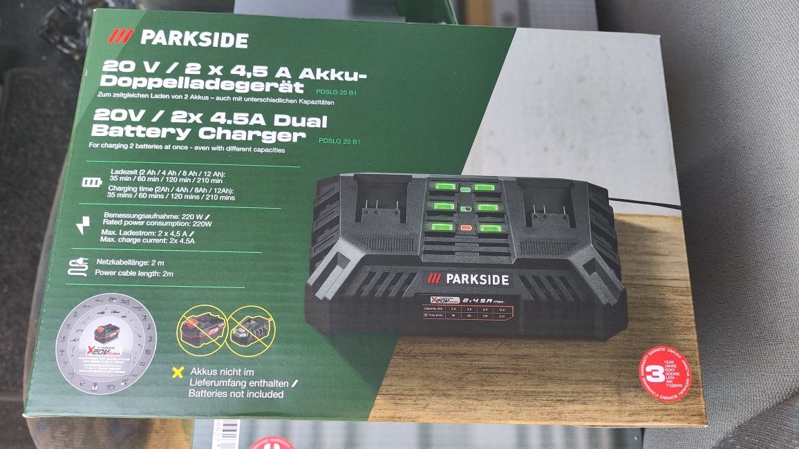 Parkside Podwójna ładowarka akumulatorowa 20 V PDSLG 20 B1, 2 x 4.5a