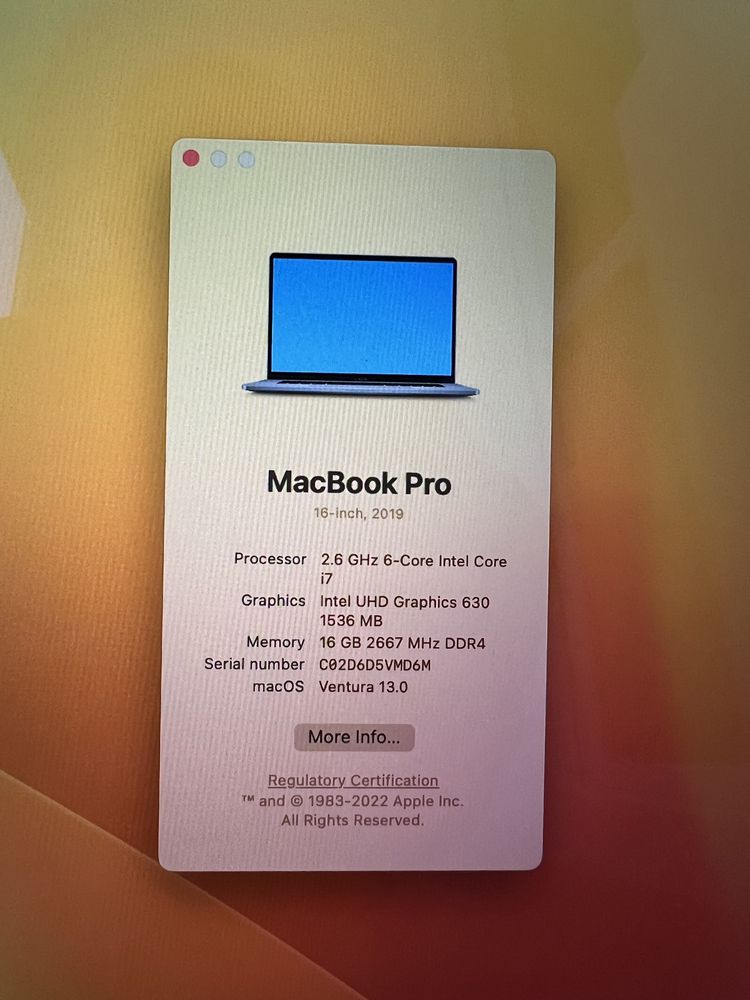 800$ MacBook Pro 16 2019 MVVJ2 2,6GHz / i7 / 16 GB / 512gb SSD