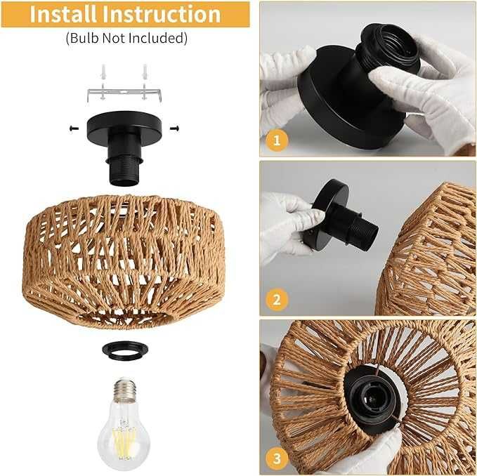 Lampa sufitowa FORCOSO z kloszem ratanowym Ø 25 cm, styl boho