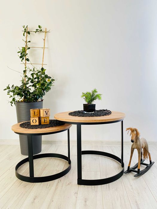 Stolik kawowy 2w1 okrągły złoty craft loft ława