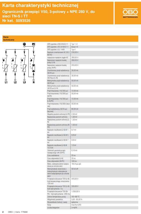 Ogranicznik przepięć B+C V50 3L+ NPE 280 V do sieci TN-S i TT OBO
