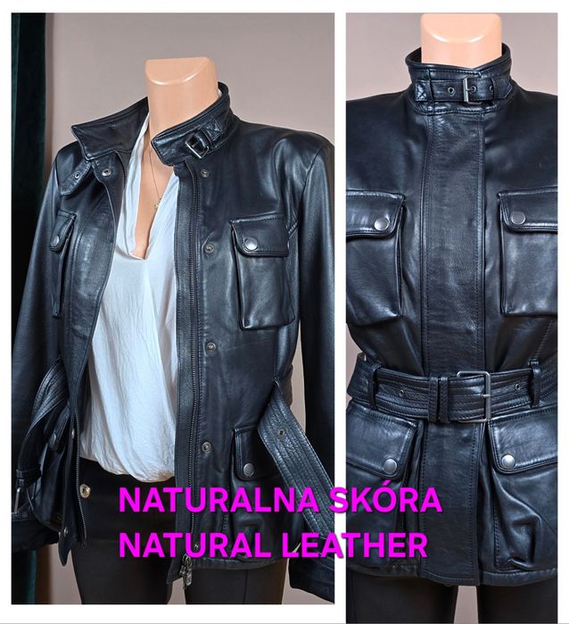 BELSTAFF damska skórzana kurtka czarna ramoneska z paskiem