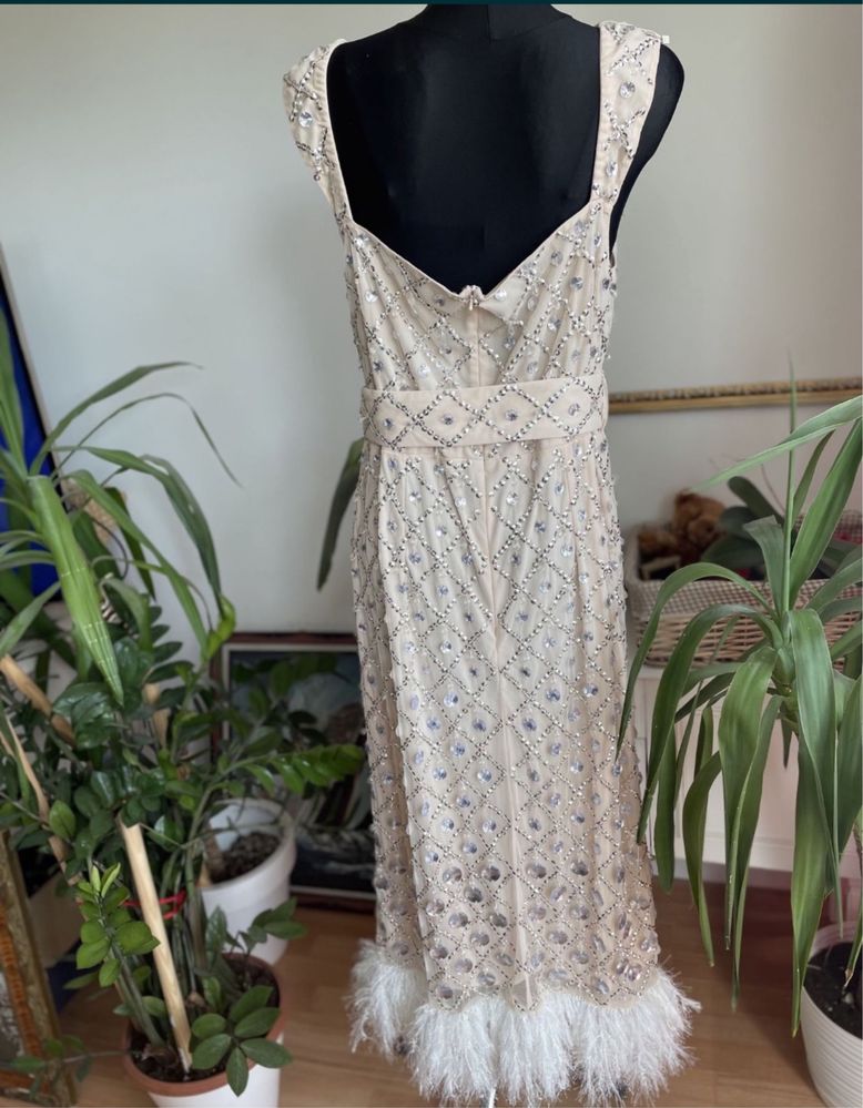 Asos luxe cekinowa sukienka midi midaxi pióra 44 xxl  46 3 xl zdobiona