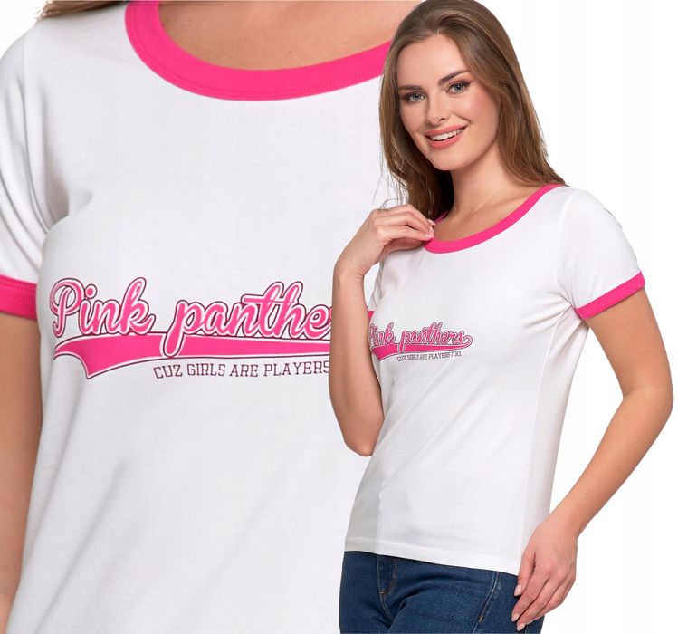 T-Shirt Koszulka Damska Bawełna Slim Z Napisami Biało-Różowy Moraj 3Xl