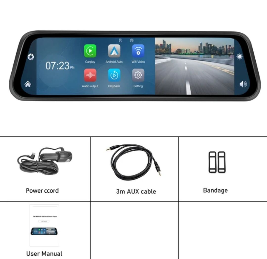 Espelho retrovisor 12 polegadas com Dashcam DVR 4K rádio FM Wi-Fi NOVO
